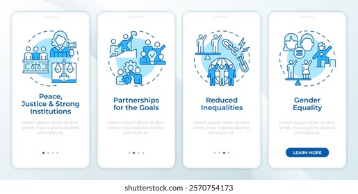 Social justice blue onboarding mobile app screen. Walkthrough 4 steps editable graphic instructions with linear concepts. UI, UX, GUI template
