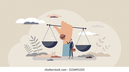 Social Justice And Equal Rights For All Society Groups Tiny Person Concept. Discrimination Awareness And Legal Support For Public Community Diversity Tolerance Vector Illustration. Equal Law Scales.