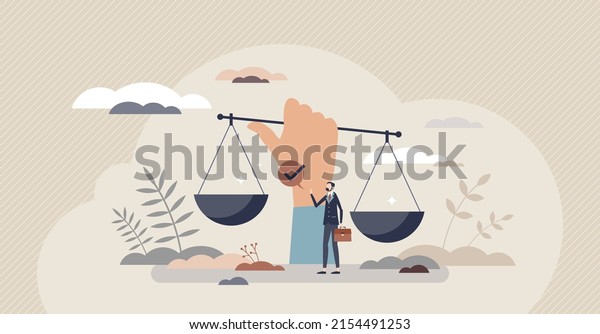 Social justice and equal rights for all society\
groups tiny person concept. Discrimination awareness and legal\
support for public community diversity tolerance vector\
illustration. Equal law\
scales.