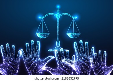 Social Justice, Equality Laws Concept With Raising Hands And Scales In Futuristic Style On Dark Blue