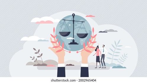 Social Justice, Equality And Solidarity To All Community Tiny Person Concept. Gender Discrimination, Racism, And Prejudice Awareness With Public Honesty And Tolerant Peace Movement Vector Illustration