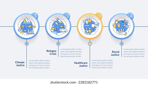 Social justice examples blue circle infographic template. Data visualization with 4 steps. Editable timeline info chart. Workflow layout with line icons. Lato-Bold, Regular fonts used