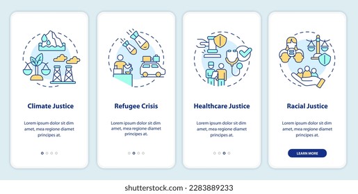 Social justice examples onboarding mobile app screen. Walkthrough 4 steps editable graphic instructions with linear concepts. UI, UX, GUI template. Myriad Pro-Bold, Regular fonts used