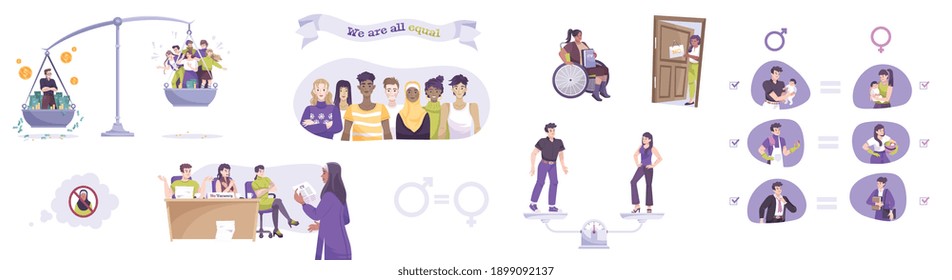 Social justice flat icon set the different capabilities of people with different religious backgrounds gender and other vector illustration