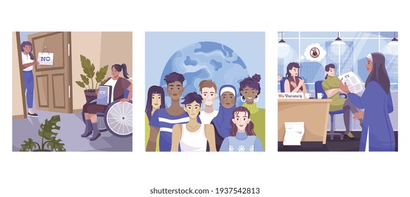 Social justice square flat icon set with disabled person different religion and different nationalities vector illustration