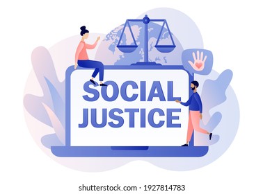 Social justice - text on laptop screen. Human rights concept. Scales as symbol of equality, freedom and love. Tiny people for tolerance and respect.Modern flat cartoon style. Vector illustration 