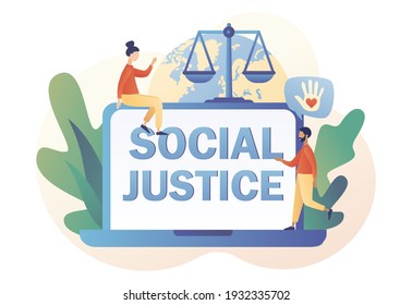 Social justice - text on laptop screen. Human rights concept. Tiny people for tolerance and respect. Scales as symbol of equality, freedom and love. Modern flat cartoon style. Vector illustration 