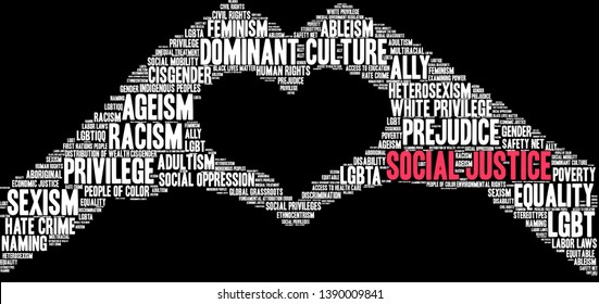 Social Justice word cloud on a black background. 