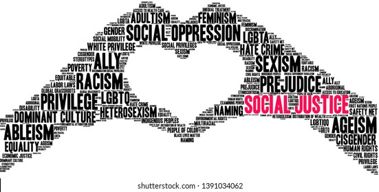 Social Justice word cloud on a white background. 