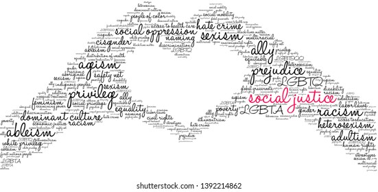 Social Justice word cloud on a white background. 