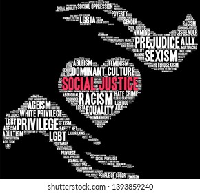 Social Justice word cloud on a black background. 