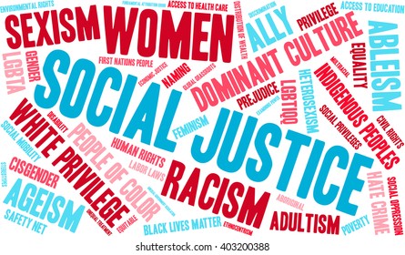 Social Justice word cloud on a white background. 