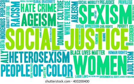 Social Justice word cloud on a white background. 
