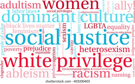 Social Justice word cloud on a white background. 