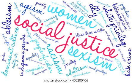 Social Justice word cloud on a white background. 