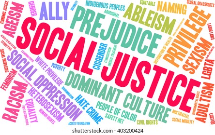 Social Justice word cloud on a white background. 