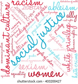 Social Justice word cloud on a white background. 