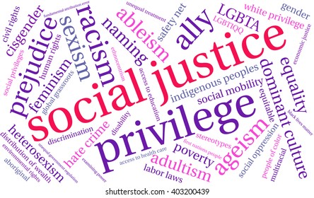 Social Justice word cloud on a white background. 