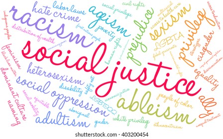 Social Justice word cloud on a white background. 