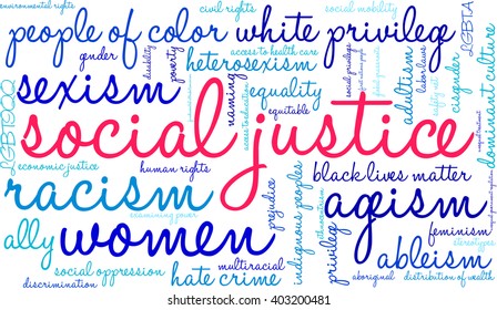 Social Justice word cloud on a white background. 