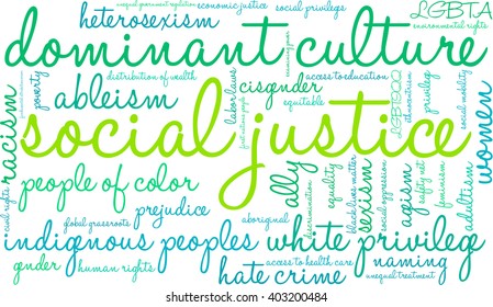 Social Justice word cloud on a white background. 