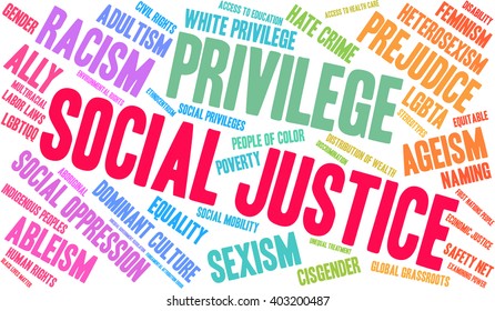 Social Justice word cloud on a white background. 