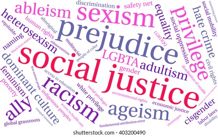 Social Justice word cloud on a white background. 