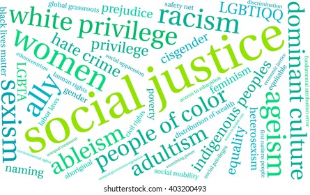 Social Justice word cloud on a white background. 