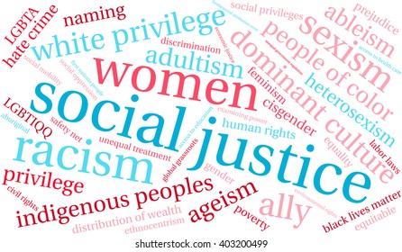 Social Justice word cloud on a white background. 