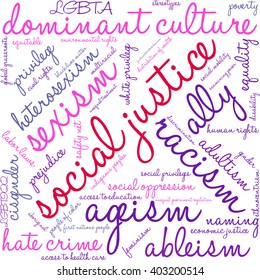 Social Justice word cloud on a white background. 