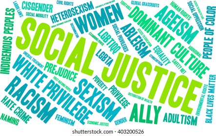 Social Justice word cloud on a white background. 