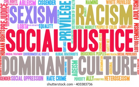 Social Justice word cloud on a white background. 