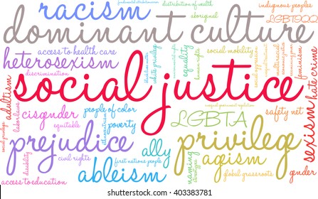 Social Justice word cloud on a white background. 