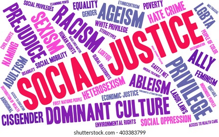 Social Justice word cloud on a white background. 
