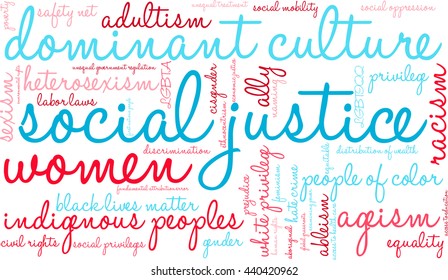 Social Justice word cloud on a white background. 