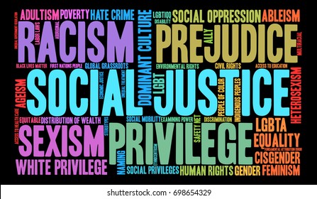 Social Justice word cloud on a black background. 