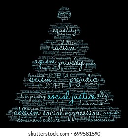 Social Justice word cloud on a black background. 