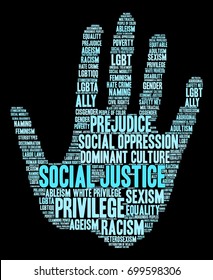 Social Justice word cloud on a black background. 