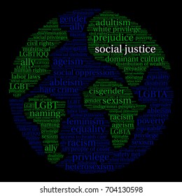 Social Justice word cloud on a black background. 