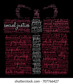 Social Justice word cloud on a black background. 