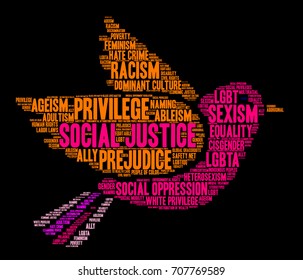 Social Justice word cloud on a black background. 