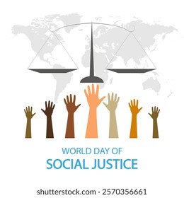 Social justice world day scales and hands, vector art illustration.