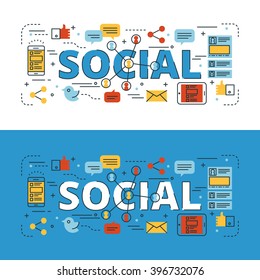 Social lettering flat line design with icons and elements for book cover, report header, presentation,illustration, infographics, printing, website banner and landing page.