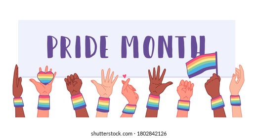 Social LGBT poster, banner with hands. Pride month. Flat vector illustration. Lesbian gay bisexual transgender concept