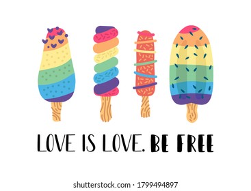 Social LGBT poster, banner with rainbow ice cream. Pride month. Flat vector illustration. Lesbian gay bisexual transgender concept love symbol.