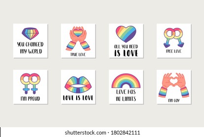 Social LGBT posters, banners with gay and lesbian pride symbols, rainbow. Pride month. Flat vector illustration. Lesbian gay bisexual transgender concept. Design element for Valentines cards or etc.