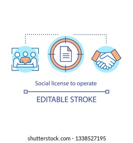 Social licence to operate concept icon. SLO idea thin line illustration. Corporate accountability, responsibility. Agreement, deal, negotiation.. Vector isolated outline drawing. Editable stroke