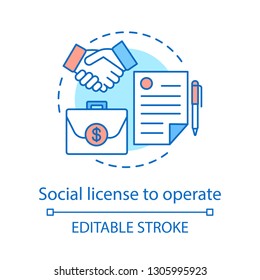 Social license to operate concept icon. Stakeholders idea thin line illustration. Corpoate social responsibility. Trust. Agreement, deal, partnership. Vector isolated outline drawing. Editable stroke