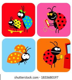 Social life of beetles. Comic characters of insects in different situations. Vector image for illustrations.