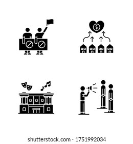 Social life black glyph icons set on white space. Human right protection. Neighborhood development. Cultural center. Public broadcasting. Silhouette symbols. Vector isolated illustration
